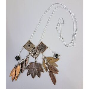3 Tone Long Necklace Leaves on Silvertone 29 " Chain